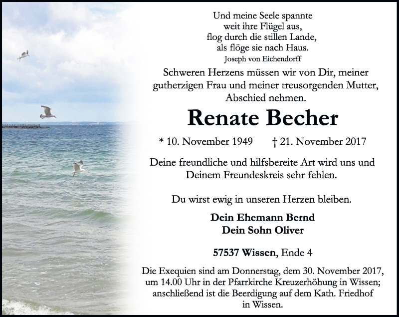  Traueranzeige für Renate Becher vom 27.11.2017 aus Rhein-Zeitung