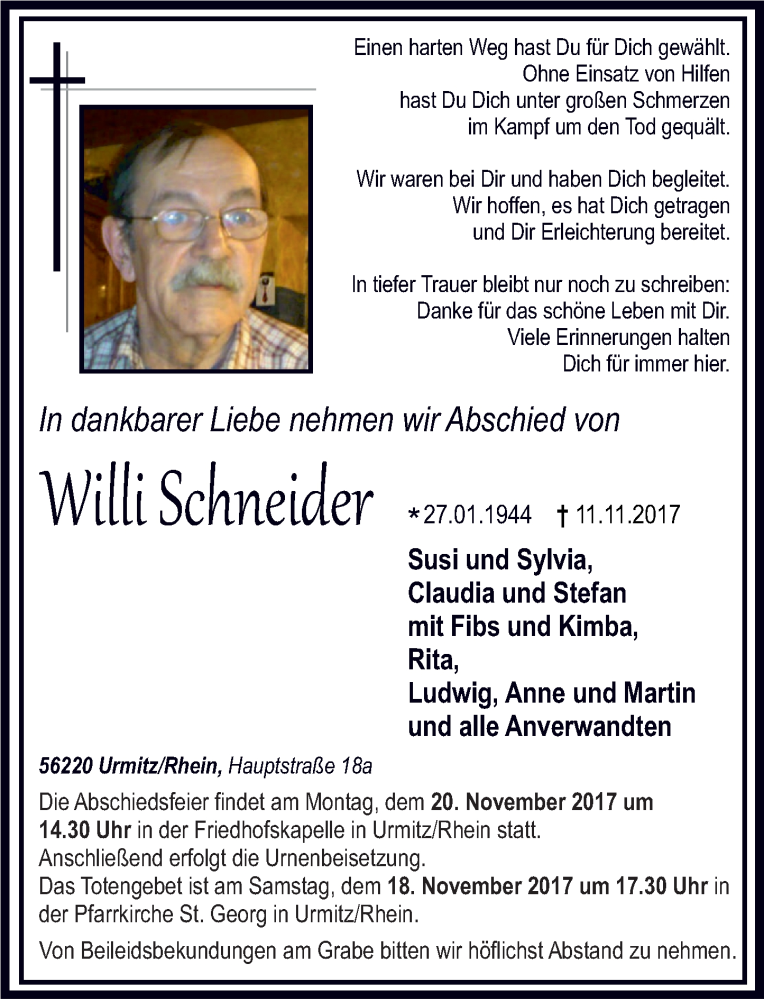 Traueranzeigen Von Willi Schneider Rz Trauer De