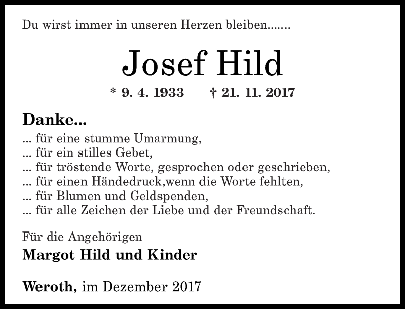  Traueranzeige für Josef Hild vom 09.12.2017 aus Westerwälder Zeitung