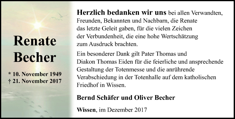  Traueranzeige für Renate Becher vom 16.12.2017 aus Rhein-Zeitung