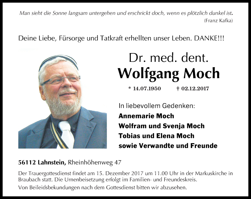  Traueranzeige für Wolfgang Moch vom 09.12.2017 aus Rhein-Lahn-Zeitung