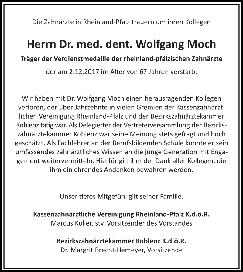  Traueranzeige für Wolfgang Moch vom 23.12.2017 aus Rhein-Zeitung