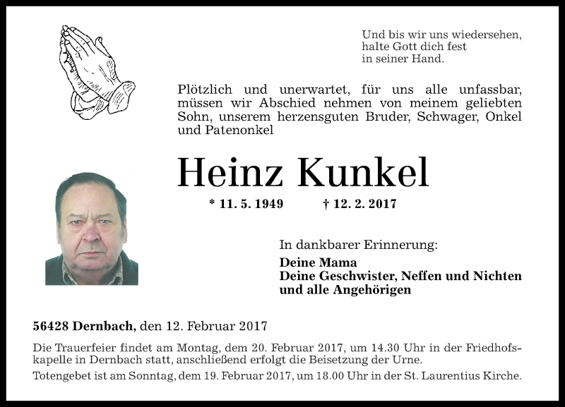 Traueranzeigen von Heinz Kunkel | rz-trauer.de