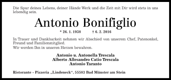 Traueranzeige von Antonio Bonifiglio von Oeffentlicher Anzeiger