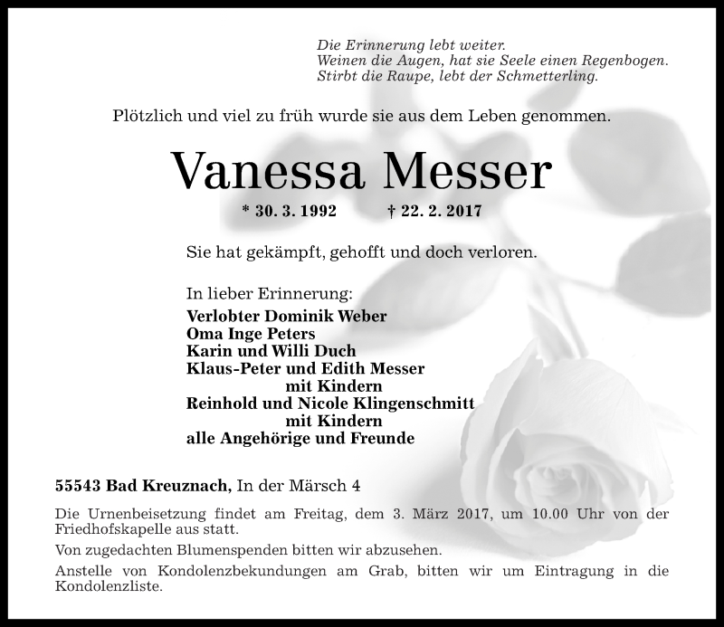  Traueranzeige für Vanessa Messer vom 28.02.2017 aus Oeffentlicher Anzeiger