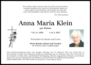 Traueranzeigen von Anna Maria Klein | rz-trauer.de