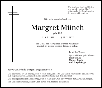 Traueranzeige von Margret Münch von Rhein-Zeitung