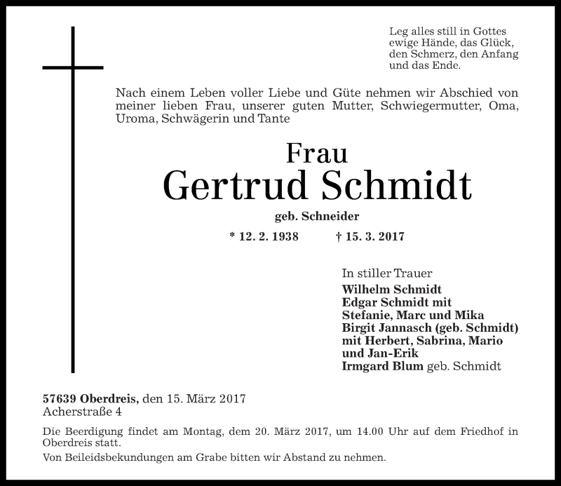 Traueranzeigen von Gertrud Schmidt | rz-trauer.de