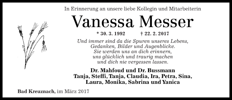  Traueranzeige für Vanessa Messer vom 02.03.2017 aus Oeffentlicher Anzeiger