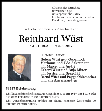Traueranzeige von Reinhard Wüst von Rhein-Lahn-Zeitung