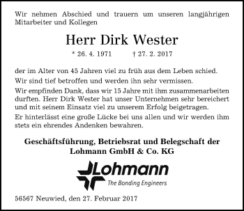 Traueranzeige von Dirk Wester von Rhein-Zeitung