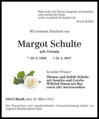 Traueranzeigen von Margot Schulte rztrauer.de