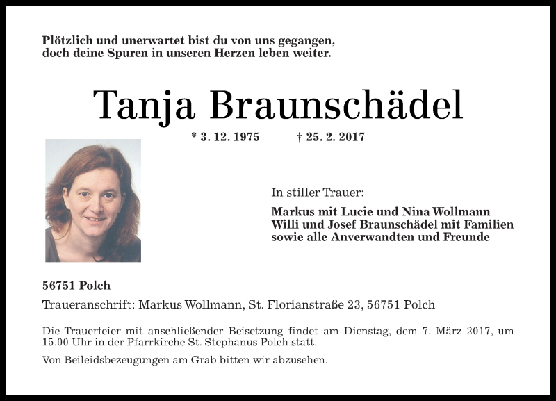  Traueranzeige für Tanja Braunschädel vom 04.03.2017 aus Rhein-Zeitung