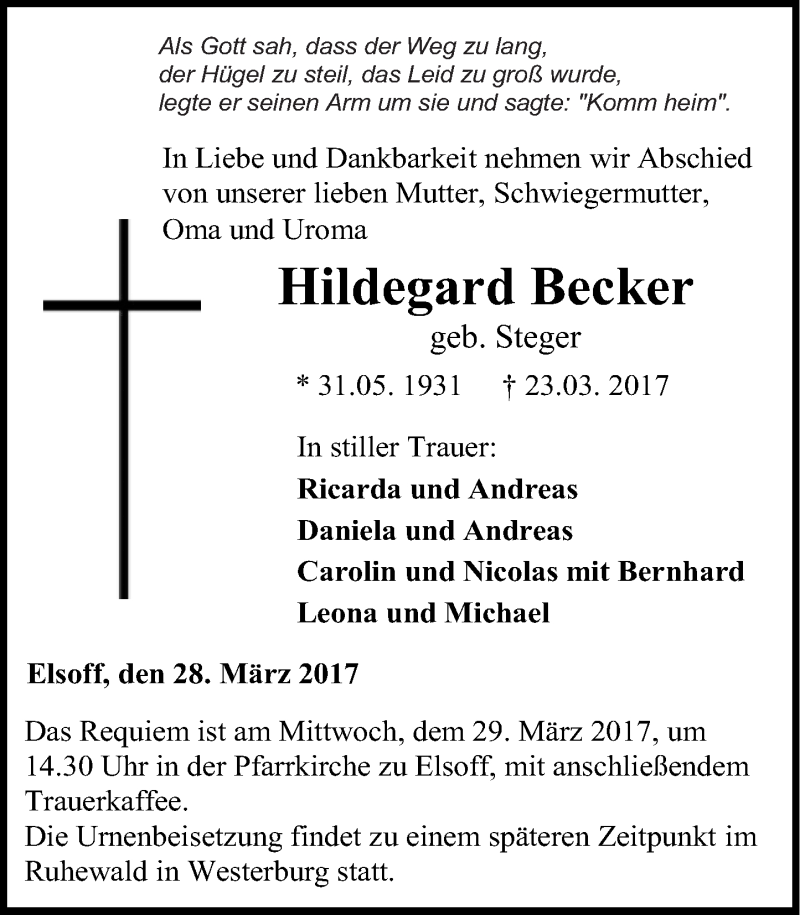 Traueranzeigen Von Hildegard Becker | Rz-trauer.de