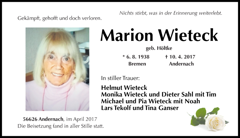  Traueranzeige für Marion Wieteck vom 19.04.2017 aus Rhein-Zeitung