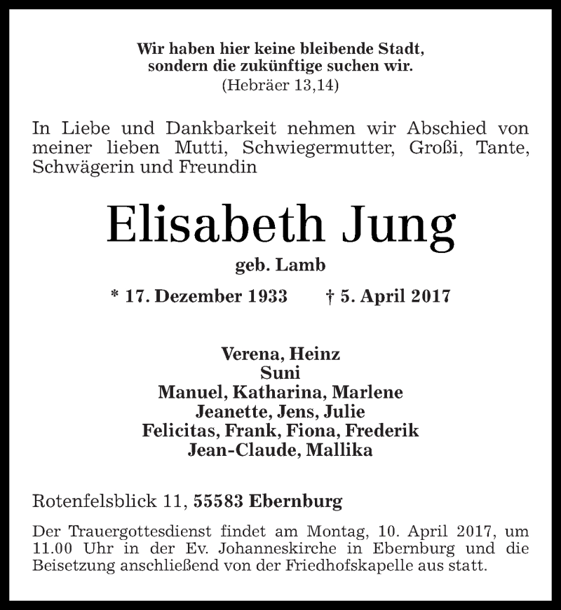 Traueranzeigen Von Elisabeth Jung | Rz-trauer.de