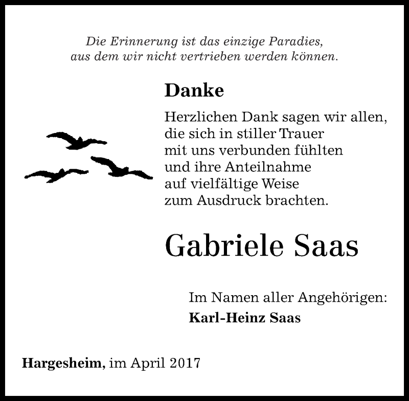  Traueranzeige für Gabriele Saas vom 22.04.2017 aus Oeffentlicher Anzeiger