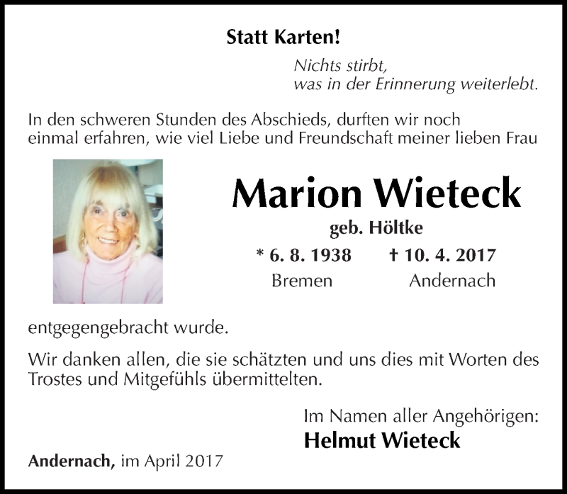  Traueranzeige für Marion Wieteck vom 29.04.2017 aus Rhein-Zeitung
