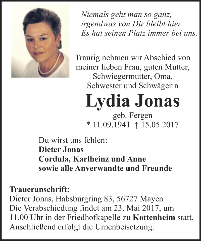  Traueranzeige für Lydia Jonas vom 20.05.2017 aus Rhein-Zeitung