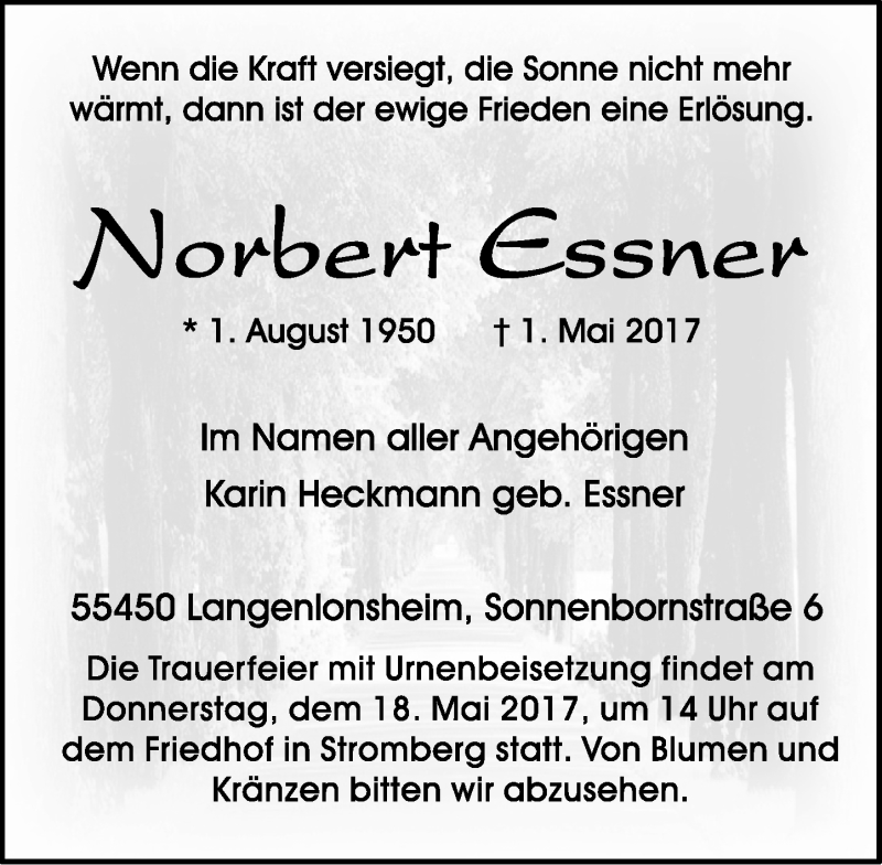  Traueranzeige für Norbert Essner vom 13.05.2017 aus Oeffentlicher Anzeiger