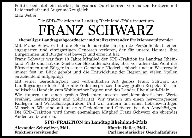  Traueranzeige für Franz Schwarz vom 29.06.2017 aus Rhein-Zeitung