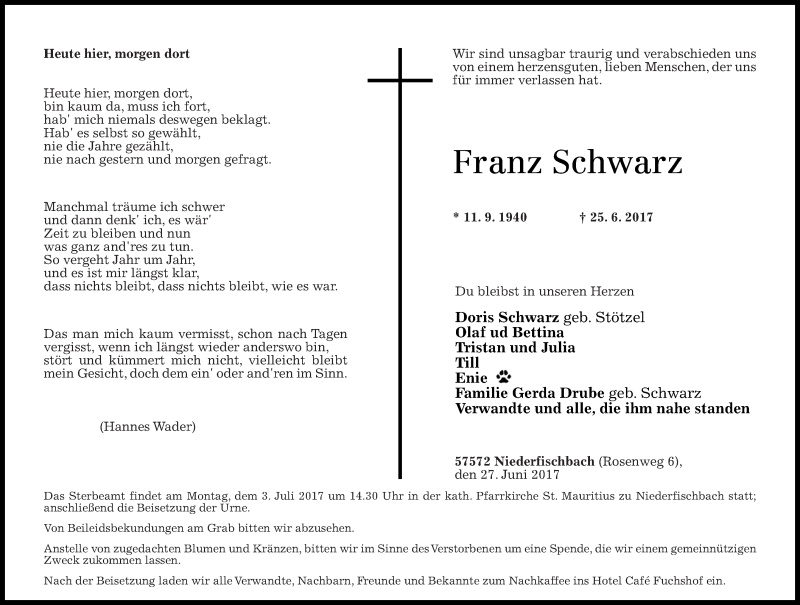  Traueranzeige für Franz Schwarz vom 27.06.2017 aus Rhein-Zeitung