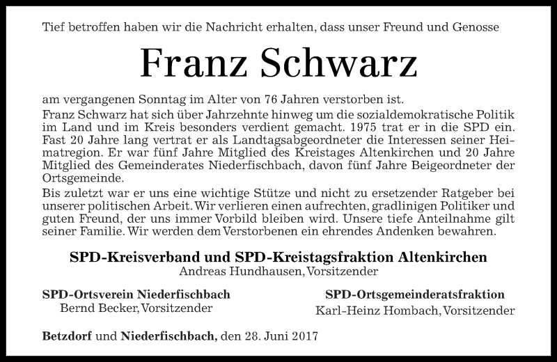  Traueranzeige für Franz Schwarz vom 28.06.2017 aus Rhein-Zeitung