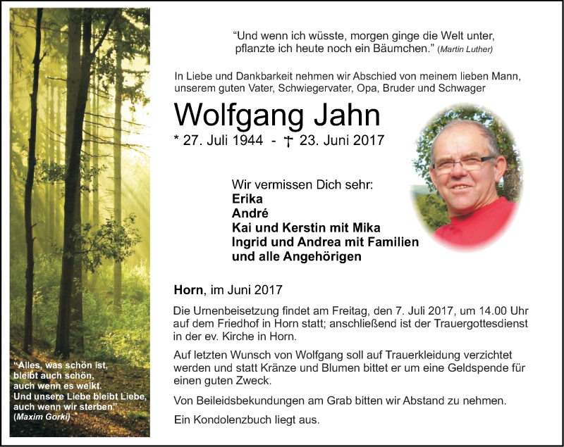 Traueranzeige für Wolfgang Jahn vom 01.07.2017 aus RZ Trauer