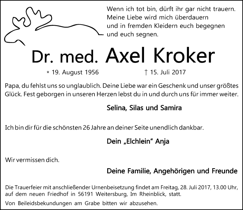  Traueranzeige für Axel Kroker vom 22.07.2017 aus Rhein-Zeitung