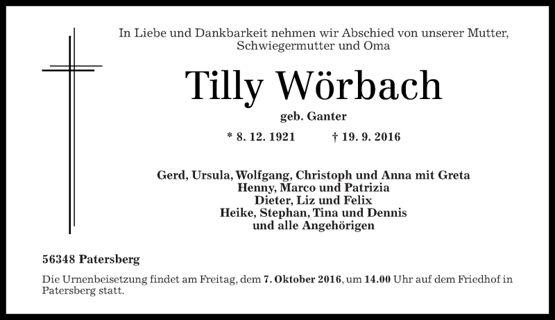  Traueranzeige für Tilly Wörbach vom 01.10.2016 aus Rhein-Lahn-Zeitung