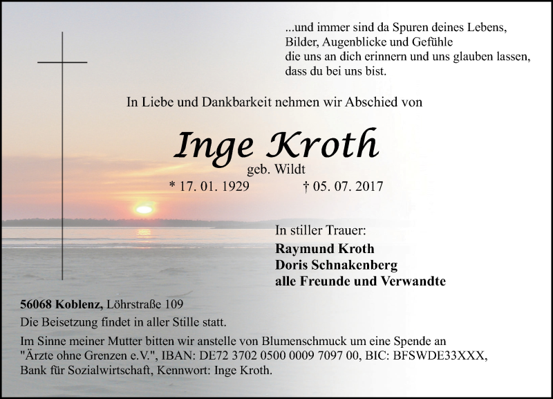  Traueranzeige für Inge Kroth vom 15.07.2017 aus Rhein-Zeitung