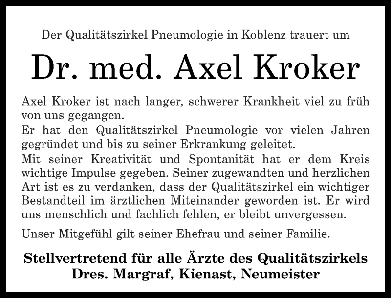  Traueranzeige für Axel Kroker vom 22.07.2017 aus Rhein-Zeitung