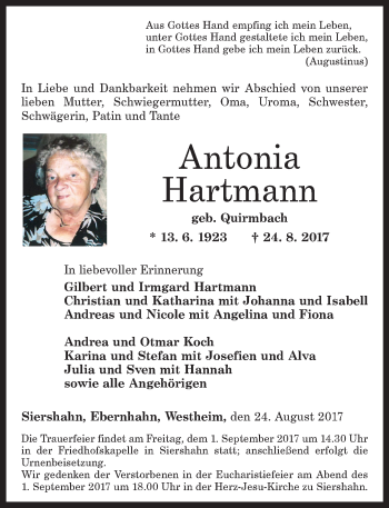 Traueranzeigen von Antonia Hartmann | rz-Trauer.de