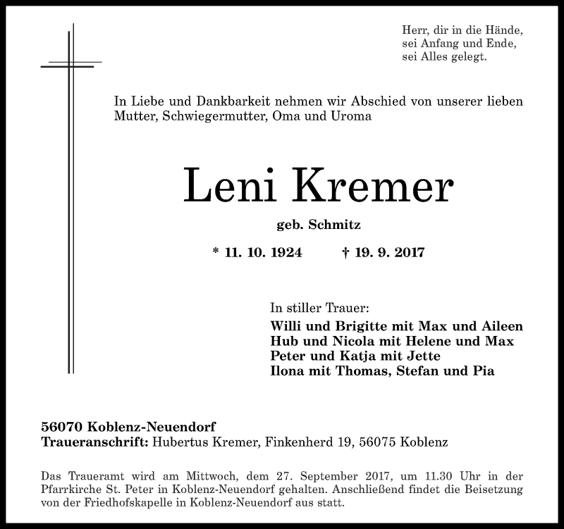  Traueranzeige für Leni Kremer vom 23.09.2017 aus Rhein-Zeitung