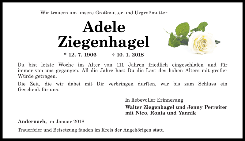  Traueranzeige für Adele Ziegenhagel vom 20.01.2018 aus Rhein-Zeitung