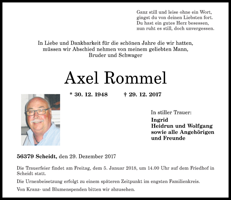 Traueranzeigen von Axel Rommel | rz-trauer.de