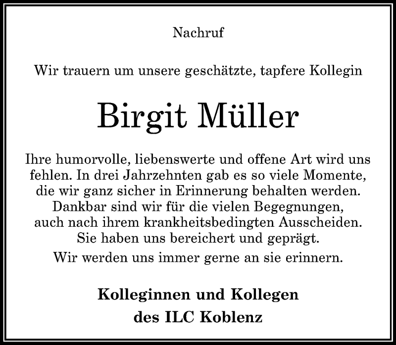  Traueranzeige für Birgit Müller vom 06.01.2018 aus Rhein-Zeitung