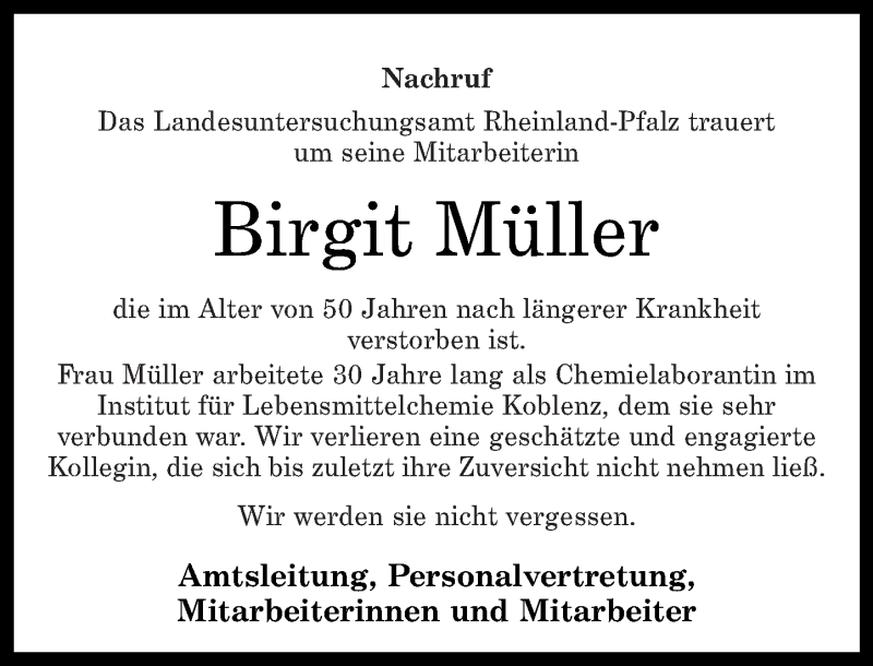  Traueranzeige für Birgit Müller vom 06.01.2018 aus Rhein-Zeitung