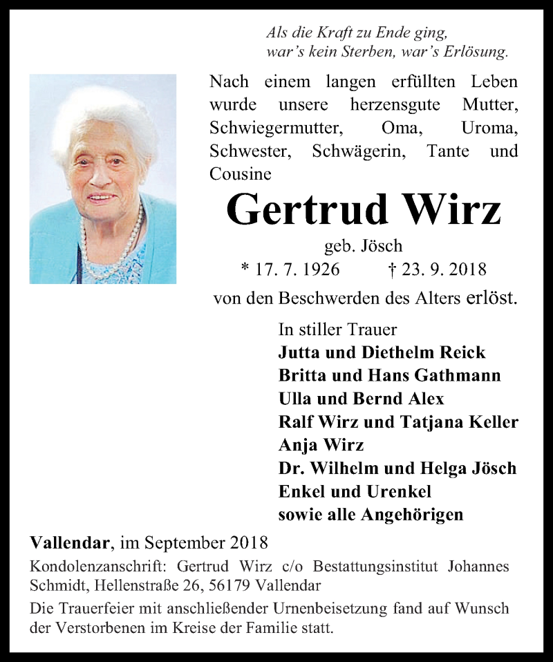 Traueranzeige für Gertrud Wirtz vom 06.10.2018 aus Rhein-Zeitung
