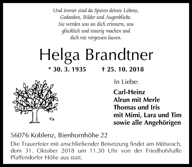  Traueranzeige für Helga Brandtner vom 27.10.2018 aus Rhein-Zeitung