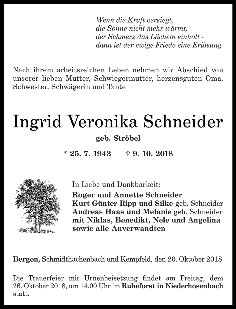 Traueranzeigen Von Ingrid Veronika Schneider Rz Trauer De