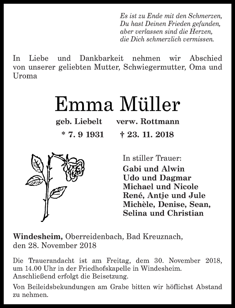  Traueranzeige für Emma Müller  vom 28.11.2018 aus Oeffentlicher Anzeiger