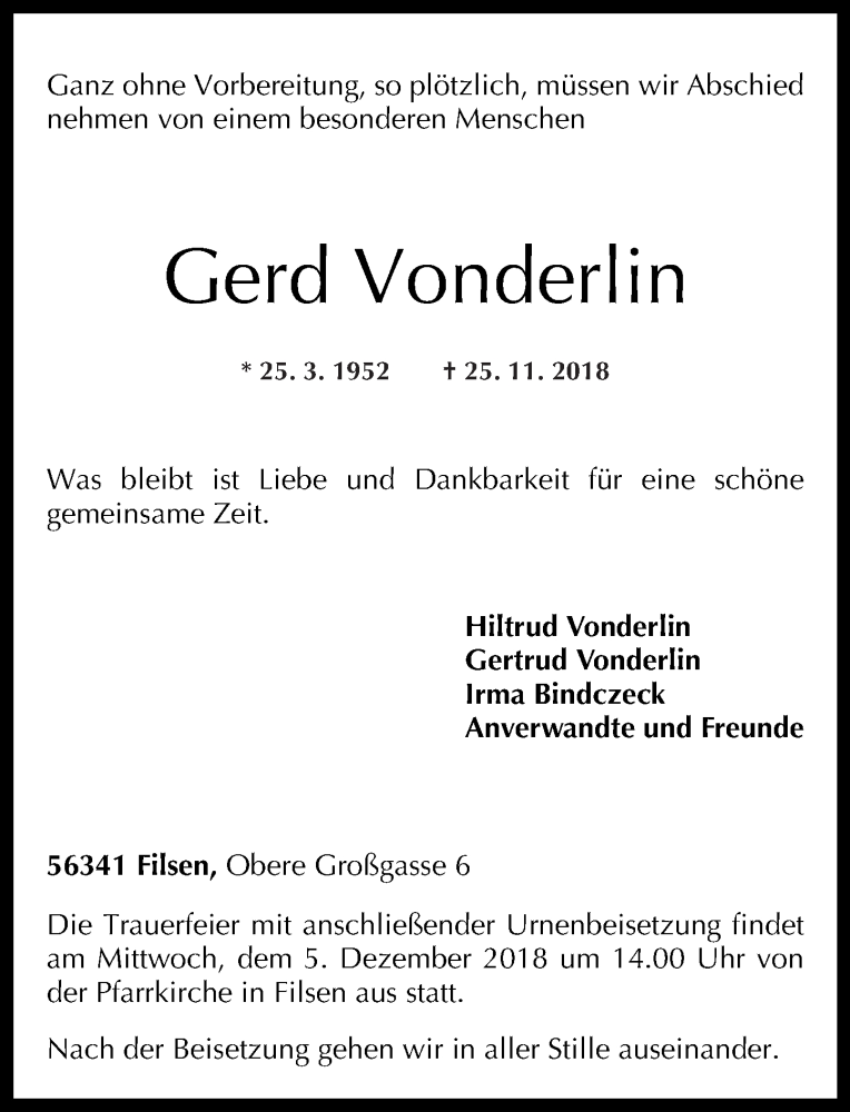  Traueranzeige für Gerd Vonderlin vom 01.12.2018 aus Rhein-Zeitung