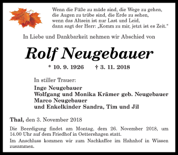 Traueranzeige von Rolf Neugebauer von Rhein-Zeitung
