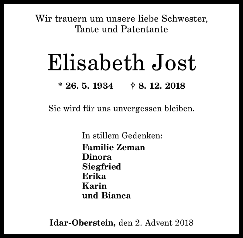 Traueranzeigen von Elisabeth Jost | rz-trauer.de