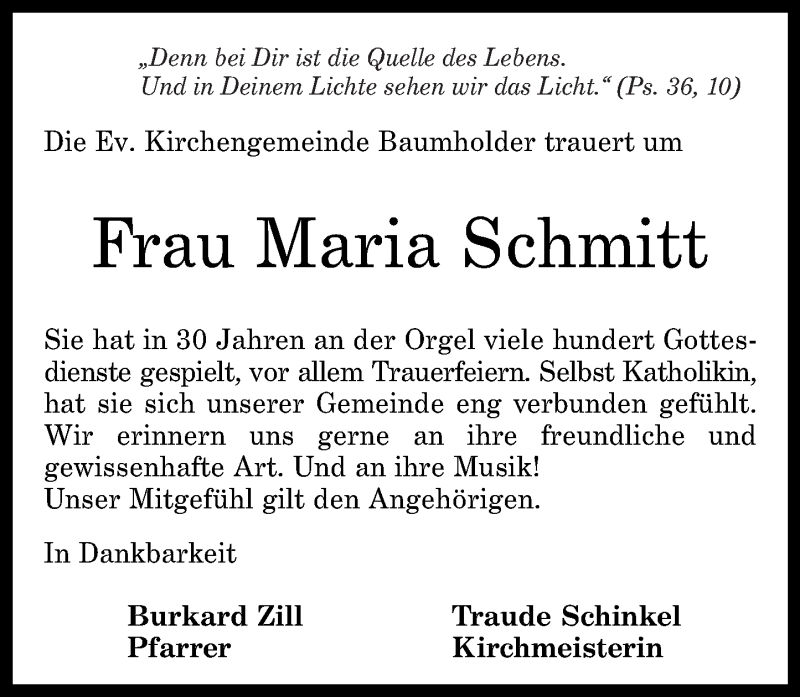 Traueranzeigen von Maria Schmitt | rz-trauer.de