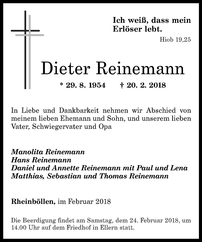  Traueranzeige für Dieter Reinemann vom 22.02.2018 aus Rhein-Hunsrück-Zeitung