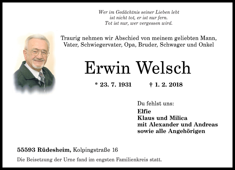  Traueranzeige für Erwin Welsch vom 10.02.2018 aus Oeffentlicher Anzeiger