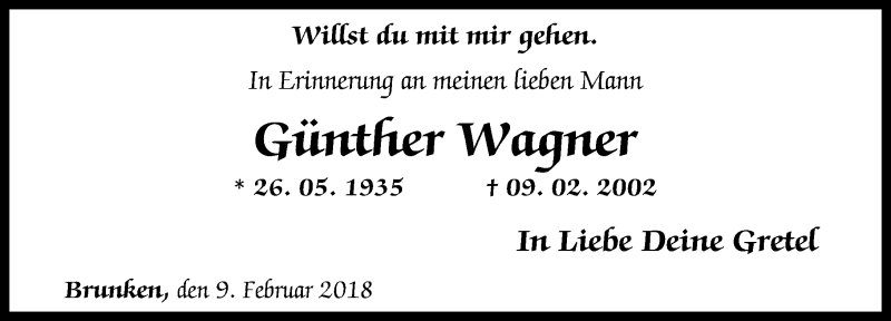 Traueranzeige für Günther Wagner vom 09.02.2018 aus Rhein-Zeitung