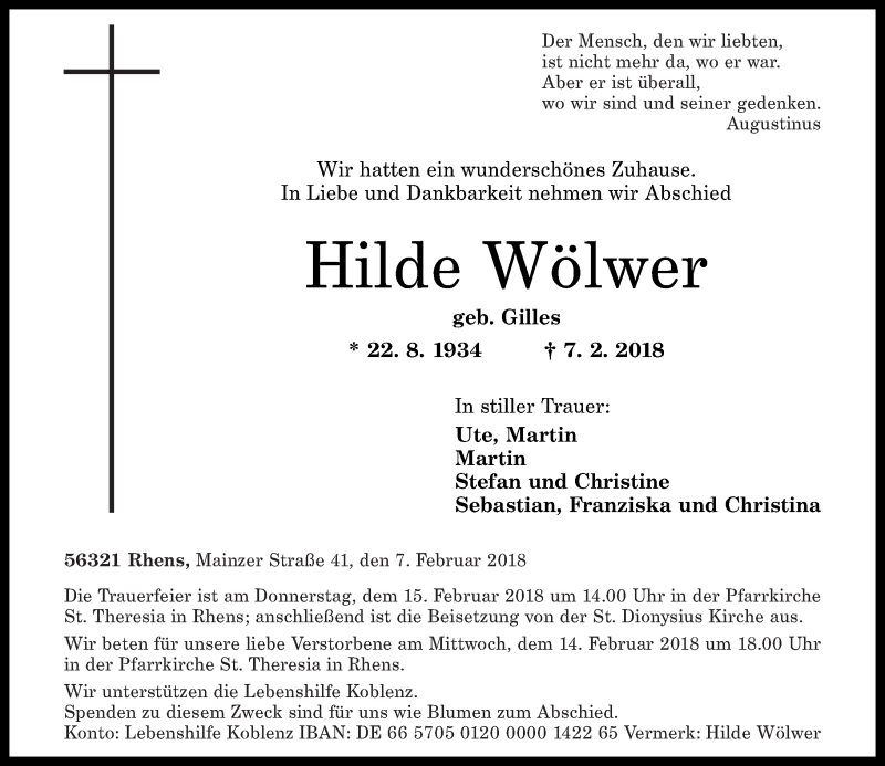 Traueranzeigen von Hilde Wölwer | rz-trauer.de